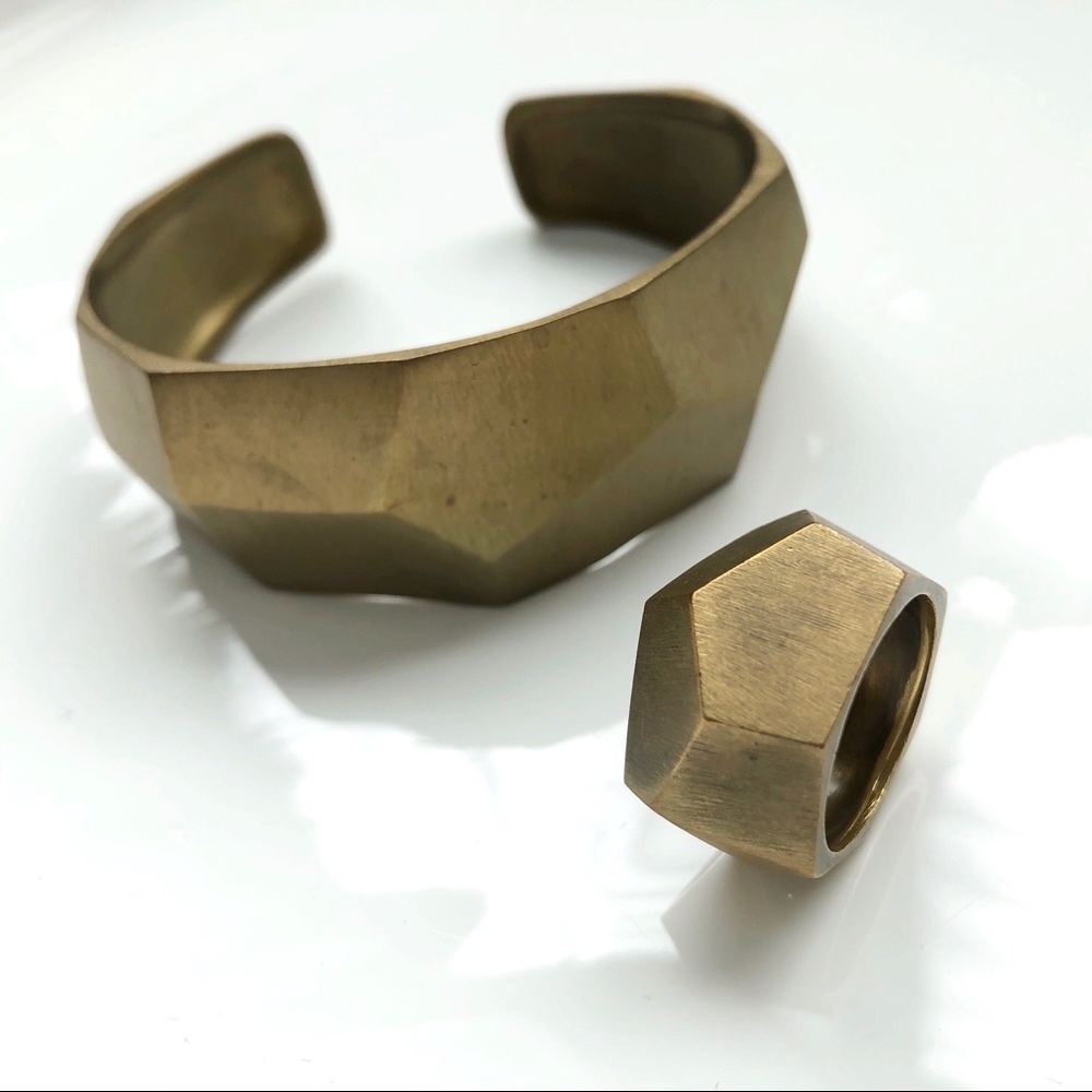 ALICE LANE HOME Geometric Brushed Brass Cuff and Ring Set